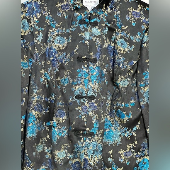Metaphor Vintage Brocade Jacket Womens Size L Black Blue Asian Floral Pattern - Picture 2 of 10